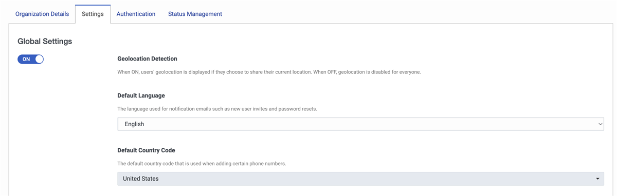 Organization Settings Default Language and Default Country Code